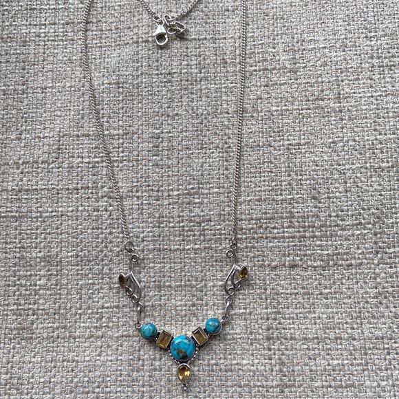 Sterling Silver Necklace with Turquoise and yellow Quartz - Picture 3 of 5